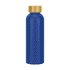 A drink bottle in vibrant blue with a gold cap. Features a logo on the surface. Made from recycled aluminium.