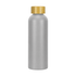 A drink bottle in silver with a gold cap, made from recycled aluminium, featuring a logo.