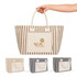 A striped tote bag in beige, brown, and navy, featuring a front pocket and handles. It has a logo.