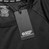 A black unisex T-shirt made of 100% polyester with a tag featuring a logo.