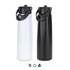 A drink bottle featuring a white and a black finish, each with a secure lid and carrying handle.