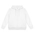 A white zipped hoodie with a hood, front pockets, and drawstring, featuring a logo on the label.