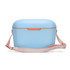 A drink cooler in soft blue with a pink strap, featuring a sleek design and an integrated handle.