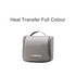 A grey hanging travel toiletry bag with a zipper and a top handle. It features a logo on the front.