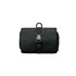 A black folding travel toiletry bag featuring a buckle closure and a hanging loop. It has a textured surface and a zippered compartment.