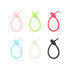 A set of six custom felt logo hanging tags in pink, green, red, light blue, white, and black. Each tag features a loop design.