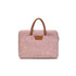 A pink suede PU leather laptop bag with brown handles and a sleek design. It features a logo on the exterior.