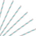 A collection of straight, disposable 3-ply paper straws in light blue and white stripes against a white background.