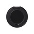 A black phone grip and stand with a circular design and a metal hinge. It features a logo on the surface.
