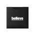A black folder with a large white logo featuring the word "believe." Minimalistic design with rounded edges.