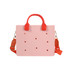 A casual tote bag in pink with red handles and dots, featuring a detachable strap and a logo.