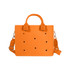 An orange tote bag with holes, featuring both handles and a detachable shoulder strap. It has a logo.