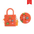 An orange mini beach bag with decorative embellishments and a logo, featuring carry handles and a shoulder strap.