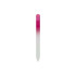 A crystal glass nail file featuring a gradient design from pink to white, with a pointed end and a smooth surface.