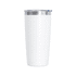 A drink bottle in white with a silver lid and a logo, featuring a sleek and modern design.