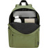 A green laptop backpack with a bottle, notebook, and laptop compartment visible inside. It features a logo.