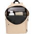 A beige laptop backpack with a black interior, featuring a drink bottle, notepad, and laptop compartment.