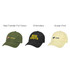 Three lightweight caps in olive green, black, and pale yellow, featuring different branding methods.