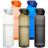 A drink bottle collection featuring five colours: clear, orange, blue, brown, and smoky grey, each with a black lid and logo.