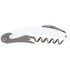 A waitress knife featuring a white handle and stainless steel corkscrew, with an integrated bottle opener.