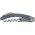 A waitress knife featuring a blue handle and stainless steel corkscrew. It has a compact design with a sleek finish.