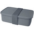 A grey lunch box with a sturdy strap, featuring a rectangular shape and a secure lid. It includes a logo.