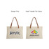 A beige canvas bag with brown leather straps, featuring printed logos on both sides.