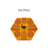 A hexagon ceramic coaster featuring vibrant orange and yellow patterns with a black emu design. It has a logo.