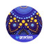 A round glass coaster featuring a vibrant purple and yellow dot pattern, with a logo at the bottom.