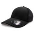 A black cap with a mesh back and a rounded peak, featuring a circular logo on the brim.
