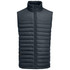 A dark grey men's padded vest with a high collar and vertical stitching, featuring a front zip closure and brand logo.