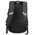 A sleek black backpack with padded straps and a textured back for comfort, featuring a logo on the side.