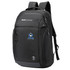 A black backpack featuring a logo, multiple pockets, and padded shoulder straps.