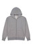 A grey zip hoodie featuring a hood and front pockets, with branding on the label.