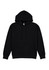 A black women's hoodie with a large front pocket, drawstrings, and a hood. The hoodie features a logo.