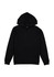 A black women's hoodie with a front pocket and a large hood, featuring a logo on the front.