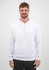 A white men's hoodie with a front pocket and hood, worn by a smiling individual. It features a logo on the chest.