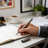 A grey pencil with a silver casing and cap, resting on a desk beside a notebook, coffee cup, and plant.