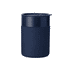 A ceramic coffee cup in navy blue with a matching lid. Features a smooth finish and has a logo.