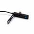 A black charging cable with a connector and a folding flap, featuring a blue button and a logo.