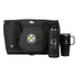 A black duffle bag containing a drink bottle and a travel mug, both with an emblem, set against a white background.