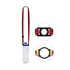 A drink bottle with a black and red checkered lanyard and a colourful holder, designed for convenience.