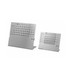 A silver aluminium desk calendar with two sizes, featuring a monthly layout and a stand. It has a logo on the front.