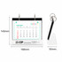 A desk calendar and photo album organiser, predominantly white with colourful elements, featuring a logo and ring binding.
