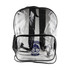 A clear backpack with black trim and straps, featuring a front pocket and a logo.
