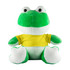 A green frog plush toy with a white belly, wearing a yellow shirt, featuring large eyes and a friendly expression.