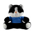 A plush toy cat with black and white fur, wearing a blue shirt and sitting in a relaxed position.