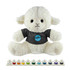 A white sheep plush toy with a grey shirt and a logo, accompanied by colourful toy shirts displayed below.