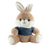 A soft brown rabbit plush toy with white accents and a blue shirt, sitting upright with a friendly expression.