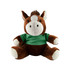A brown and cream horse plush toy wearing a green shirt, sitting upright with a friendly expression.